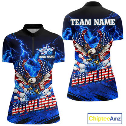 Custom Blue Lightning Thunder US Flag Eagle Bowling Shirts for Women Patriotic Bowling Team Jersey TDM7471