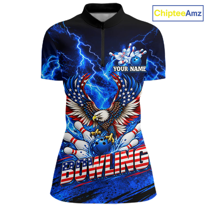 Custom Blue Lightning Thunder US Flag Eagle Bowling Shirts for Women Patriotic Bowling Team Jersey TDM7471