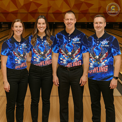 Custom Blue Lightning Thunder US Flag Eagle Bowling Shirts for Women Patriotic Bowling Team Jersey TDM7471
