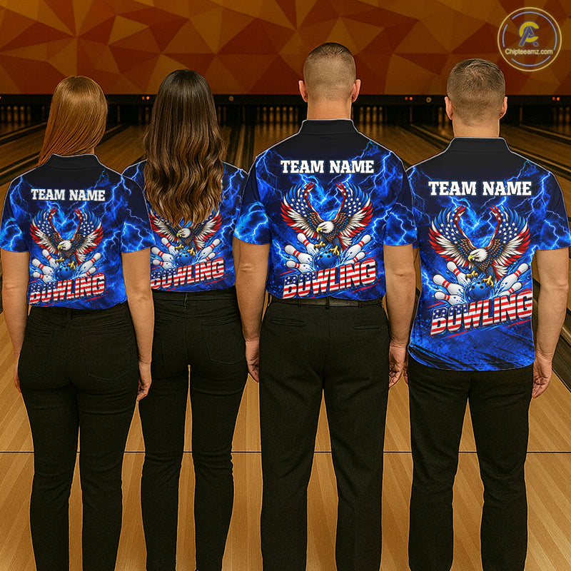 Custom Blue Lightning Thunder US Flag Eagle Bowling Shirts for Women Patriotic Bowling Team Jersey TDM7471