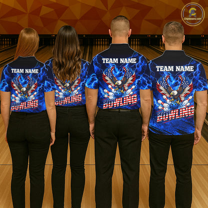 Custom Blue Lightning Thunder US Flag Eagle Bowling Shirts for Women Patriotic Bowling Team Jersey TDM7471
