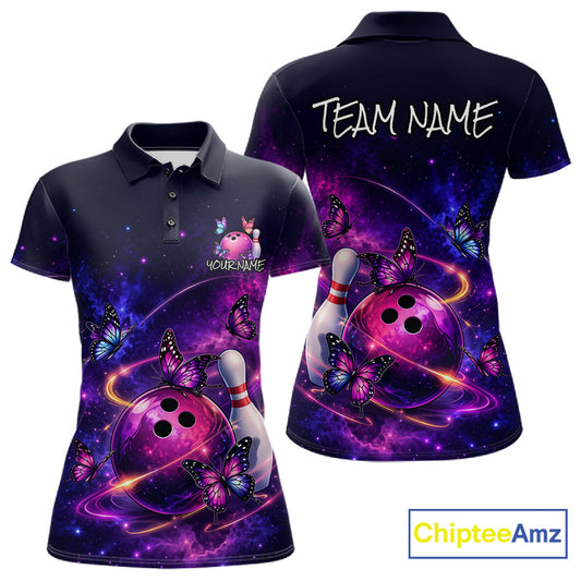 Pink And Purple Butterfly Bowling Shirt For Women Custom Glowing Bowling Jersey Polo & 1/4 Zip TDM6320
