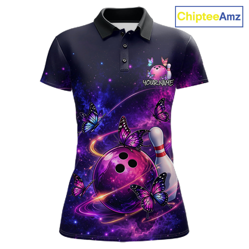 Pink And Purple Butterfly Bowling Shirt For Women Custom Glowing Bowling Jersey Polo & 1/4 Zip TDM6320