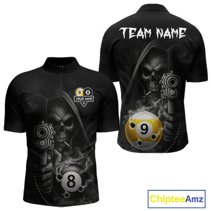 Custom Grim Reaper 8 Ball & 9 Ball Smoke Billiard Shirt For Men, Pool Team Jersey Polo & 1/4 Zip TDM6496