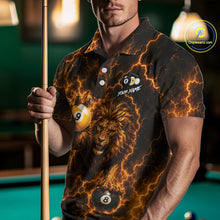 Load image into Gallery viewer, Man wearing custom yellow lightning lion 8 ball and 9 ball billiard pool team jersey polo shirt featuring the yellow lightning lion design, front view.