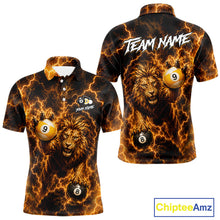 Load image into Gallery viewer, Custom yellow lightning lion 8 ball and 9 ball billiard pool team jersey polo shirt for men featuring a powerful lion with yellow lightning artwork, premium custom pool league apparel for tournaments and competitive billiard players.