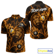 Load image into Gallery viewer, Custom yellow lightning lion 8 ball and 9 ball billiard pool team jersey quarter zip shirt for men featuring fierce lion graphics with yellow lightning artwork, premium custom billiard league apparel.