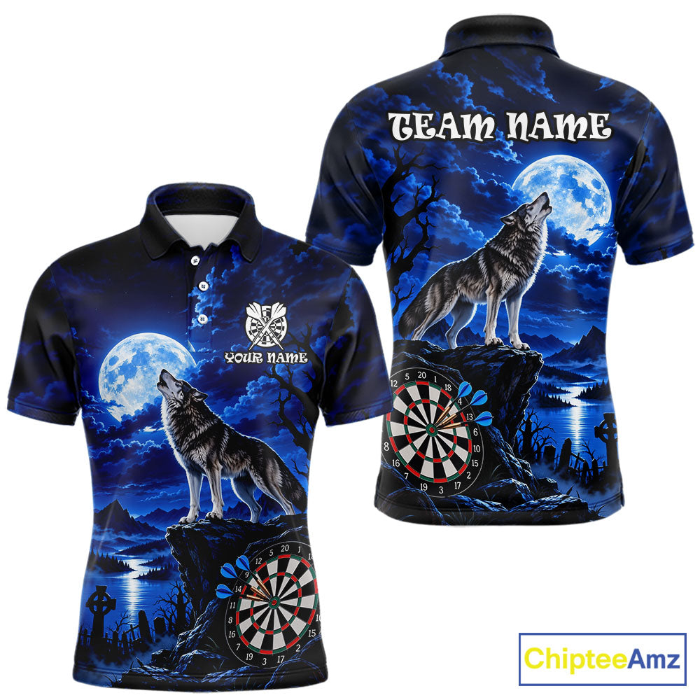 Blue Custom Wolf And Moon Darts Shirts For Men Personalized Darts Team Jersey Polo & 1/4 Zip TDM7858