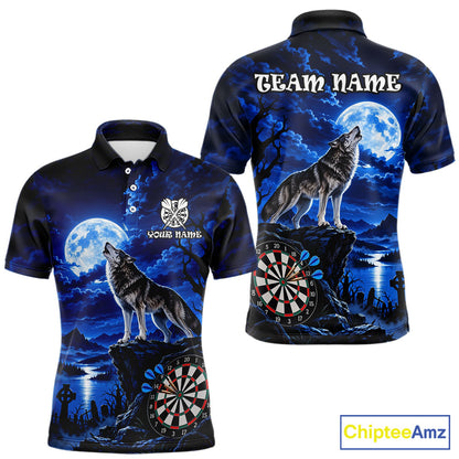 Blue Custom Wolf And Moon Darts Shirts For Men Personalized Darts Team Jersey Polo & 1/4 Zip TDM7858