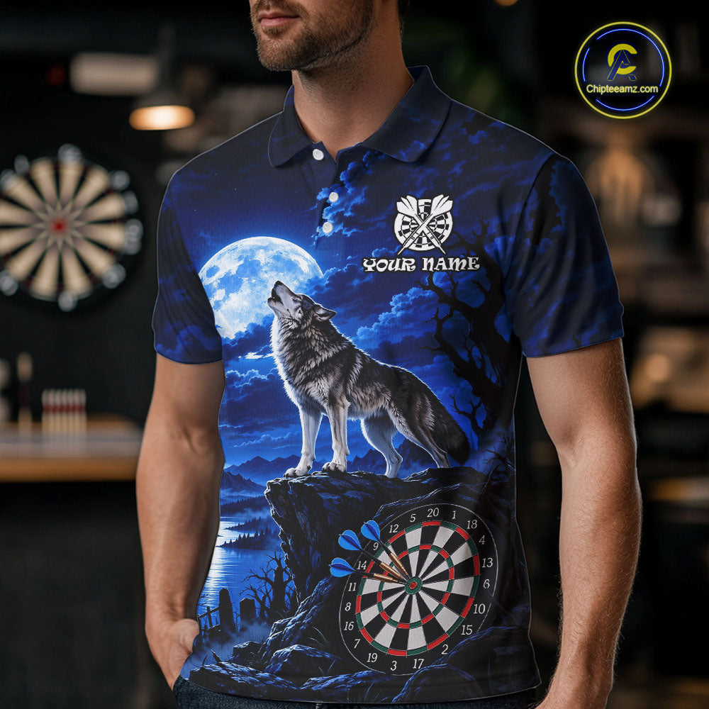 Blue Custom Wolf And Moon Darts Shirts For Men Personalized Darts Team Jersey Polo & 1/4 Zip TDM7858