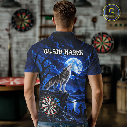 Blue Custom Wolf And Moon Darts Shirts For Men Personalized Darts Team Jersey Polo & 1/4 Zip TDM7858