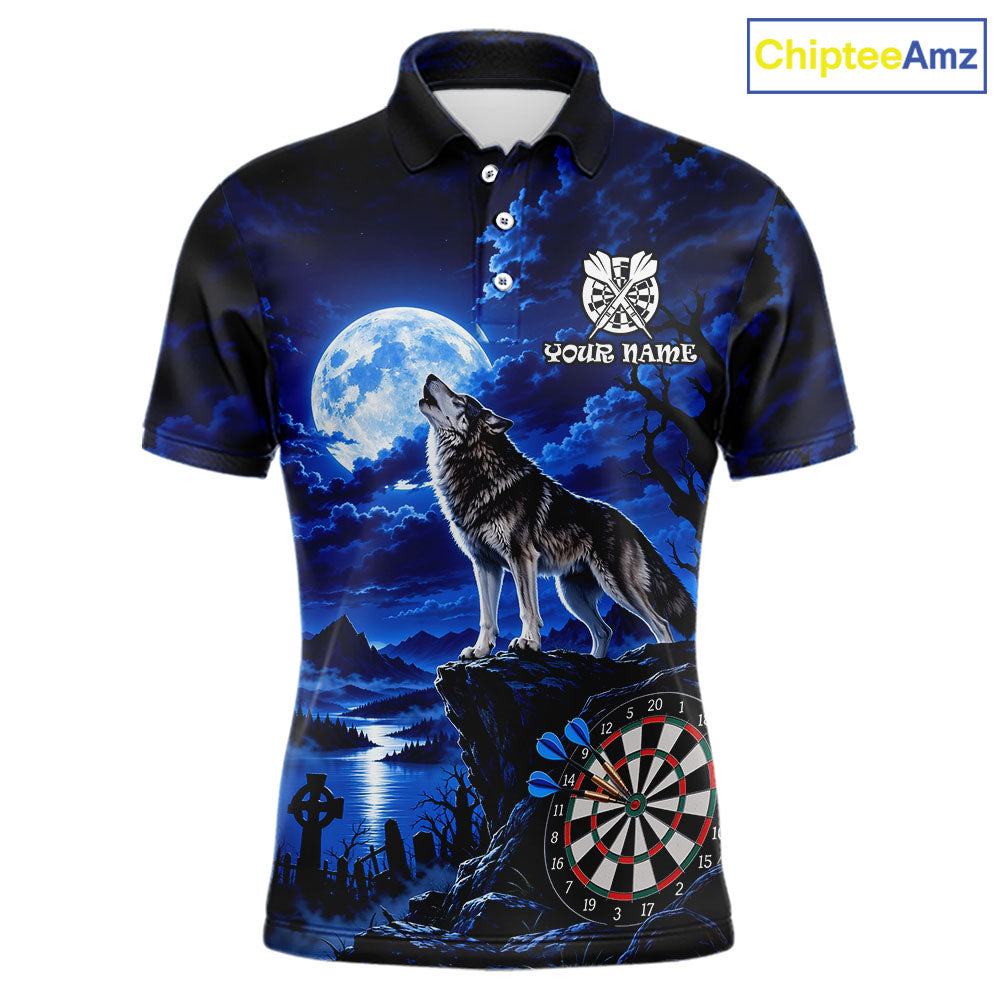 Blue Custom Wolf And Moon Darts Shirts For Men Personalized Darts Team Jersey Polo & 1/4 Zip TDM7858