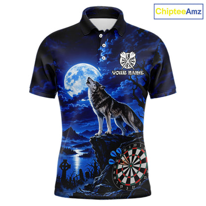 Blue Custom Wolf And Moon Darts Shirts For Men Personalized Darts Team Jersey Polo & 1/4 Zip TDM7858