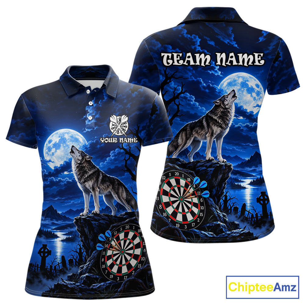 Blue Custom Wolf And Moon Darts Shirts For Women Personalized Darts Team Jersey Polo & 1/4 Zip TDM7858