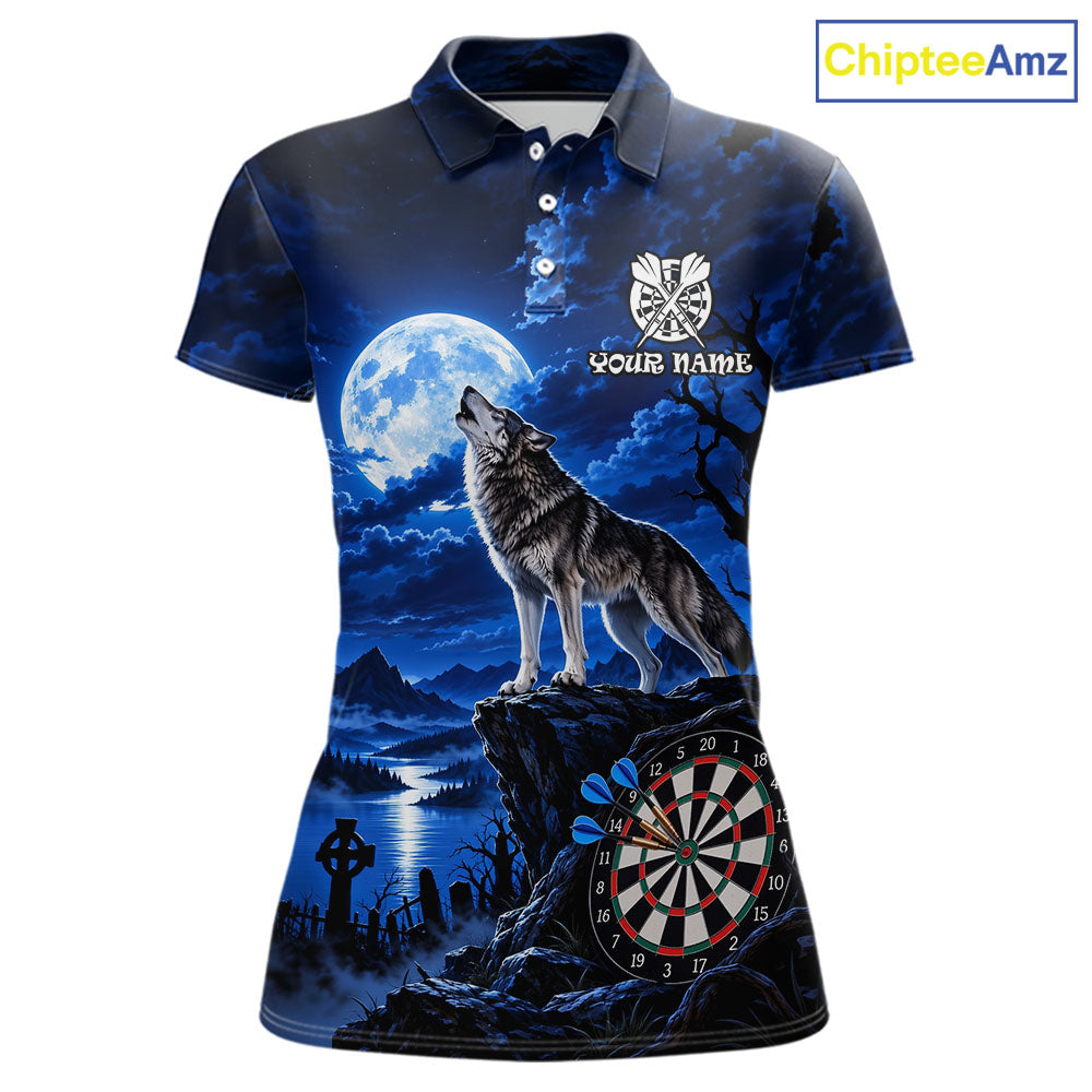 Blue Custom Wolf And Moon Darts Shirts For Women Personalized Darts Team Jersey Polo & 1/4 Zip TDM7858