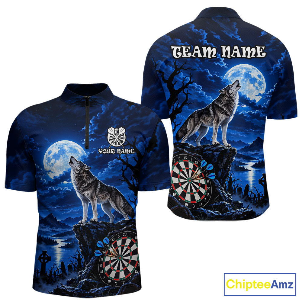 Blue Custom Wolf And Moon Darts Shirts For Men Personalized Darts Team Jersey Polo & 1/4 Zip TDM7858