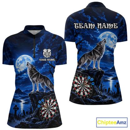 Blue Custom Wolf And Moon Darts Shirts For Women Personalized Darts Team Jersey Polo & 1/4 Zip TDM7858