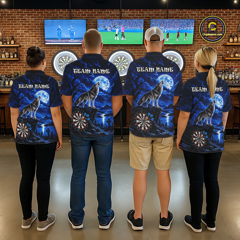 Blue Custom Wolf And Moon Darts Shirts For Men Personalized Darts Team Jersey Polo & 1/4 Zip TDM7858