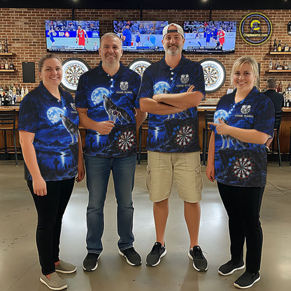 Blue Custom Wolf And Moon Darts Shirts For Men Personalized Darts Team Jersey Polo & 1/4 Zip TDM7858