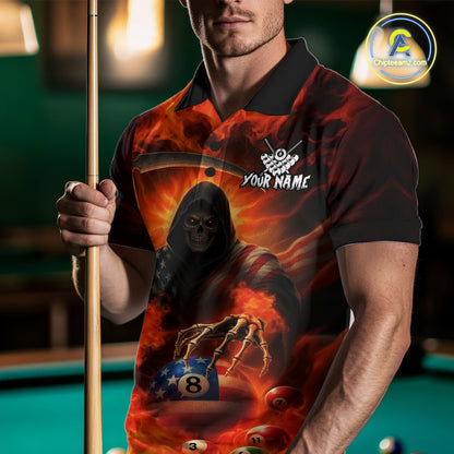 Orange Fire Flame US Flag Grim Reaper Men's Billiards Shirts Custom 8 Ball Pool Team Jersey TDM5200
