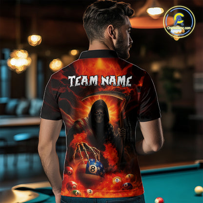 Orange Fire Flame US Flag Grim Reaper Men's Billiards Shirts Custom 8 Ball Pool Team Jersey TDM5200