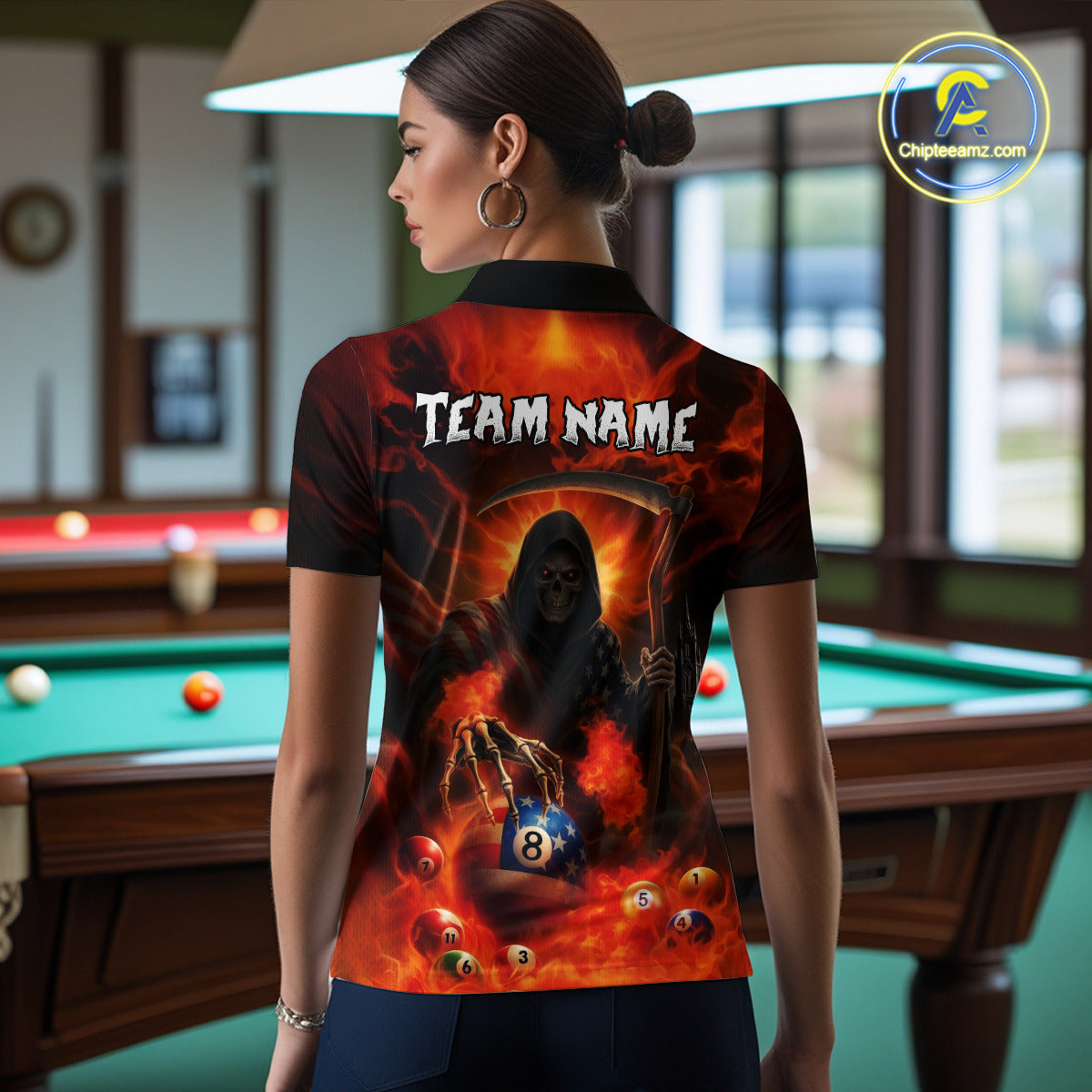 Orange Fire Flame US Flag Grim Reaper Women's Billiards Shirts Custom 8 Ball Pool Team Jersey TDM5200