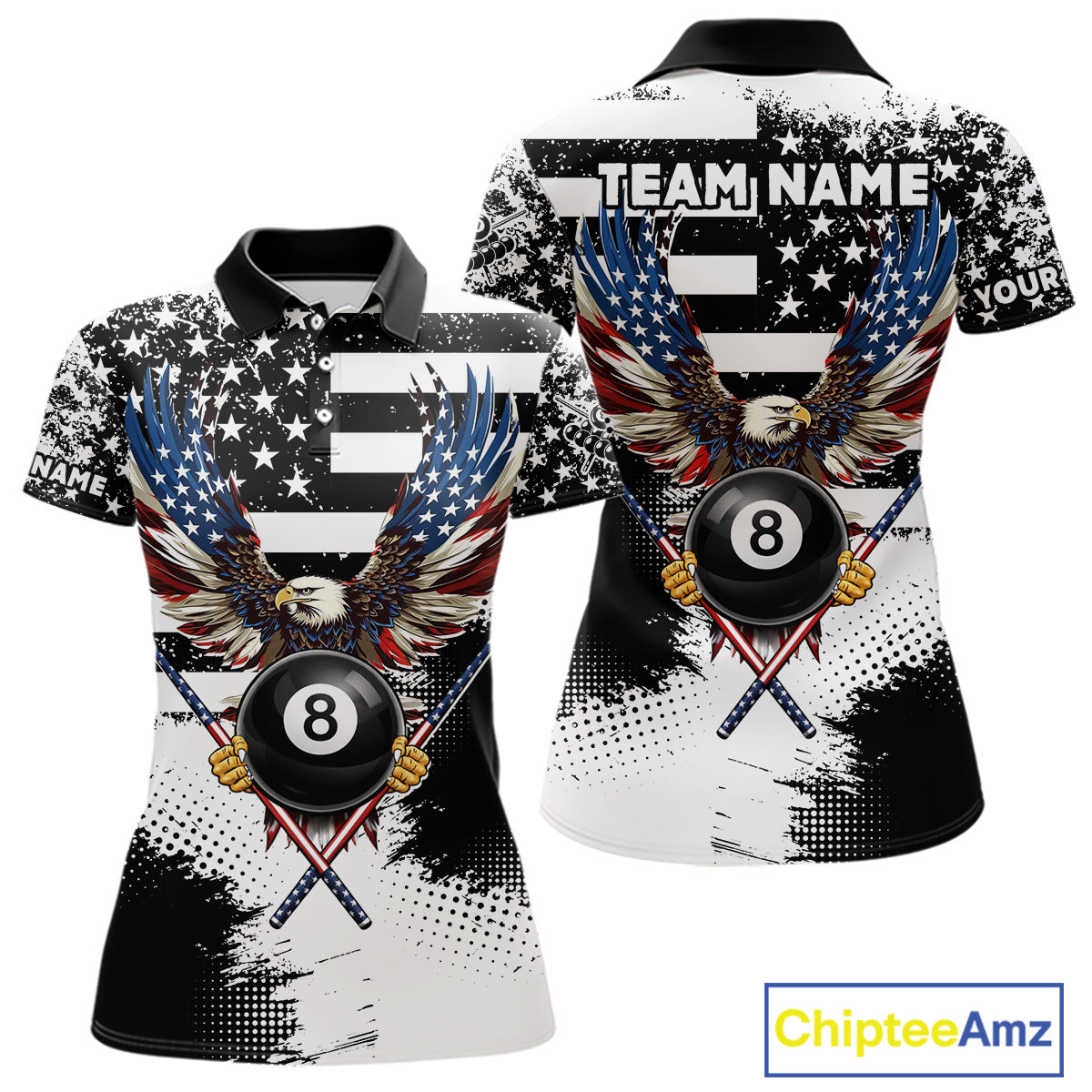 Custom Eagle American Flag 8 Ball Billiard Shirt For Women, Grunge Pool Team Jersey Polo & 1/4 Zip TDM5718