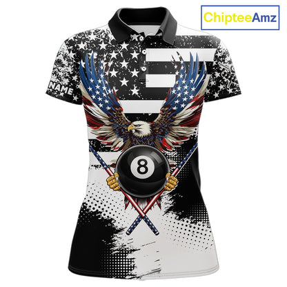 Custom Eagle American Flag 8 Ball Billiard Shirt For Women, Grunge Pool Team Jersey Polo & 1/4 Zip TDM5718