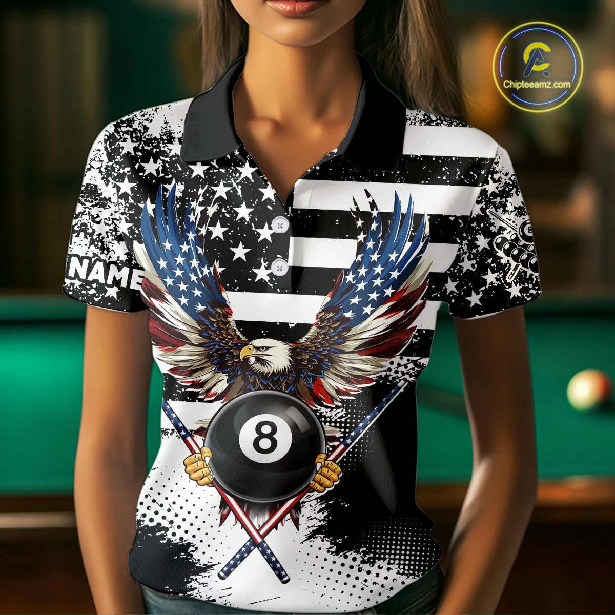Custom Eagle American Flag 8 Ball Billiard Shirt For Women, Grunge Pool Team Jersey Polo & 1/4 Zip TDM5718