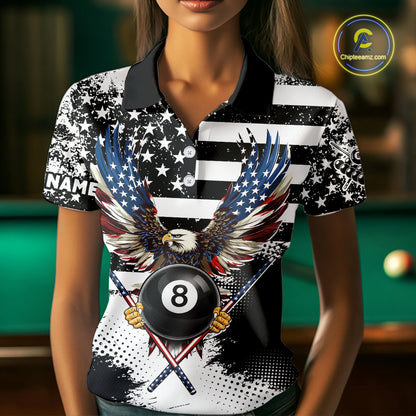 Custom Eagle American Flag 8 Ball Billiard Shirt For Women, Grunge Pool Team Jersey Polo & 1/4 Zip TDM5718