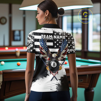 Custom Eagle American Flag 8 Ball Billiard Shirt For Women, Grunge Pool Team Jersey Polo & 1/4 Zip TDM5718