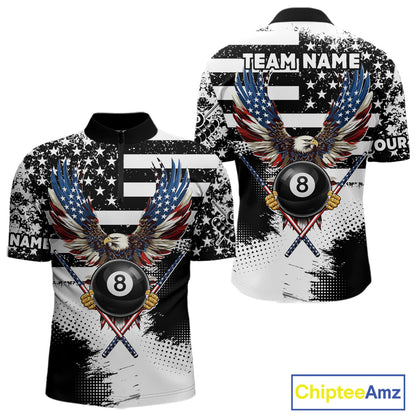 Custom Eagle American Flag 8 Ball Billiard Shirt For Men, Grunge Pool Team Jersey Polo & 1/4 Zip TDM5718