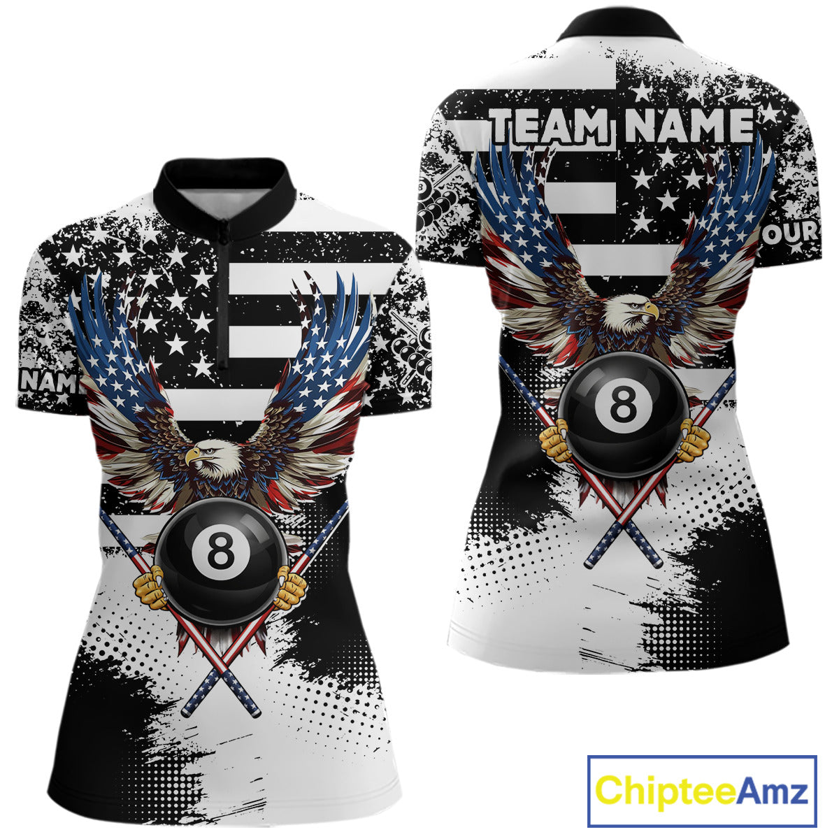 Custom Eagle American Flag 8 Ball Billiard Shirt For Women, Grunge Pool Team Jersey Polo & 1/4 Zip TDM5718