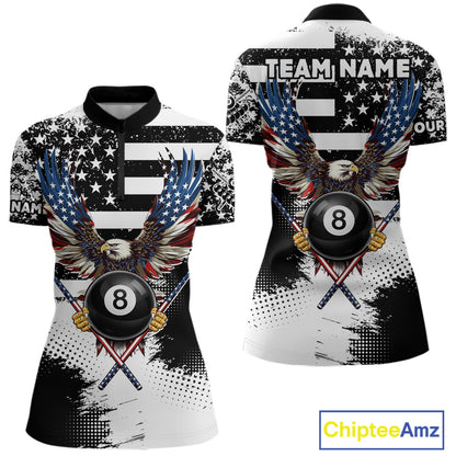 Custom Eagle American Flag 8 Ball Billiard Shirt For Women, Grunge Pool Team Jersey Polo & 1/4 Zip TDM5718
