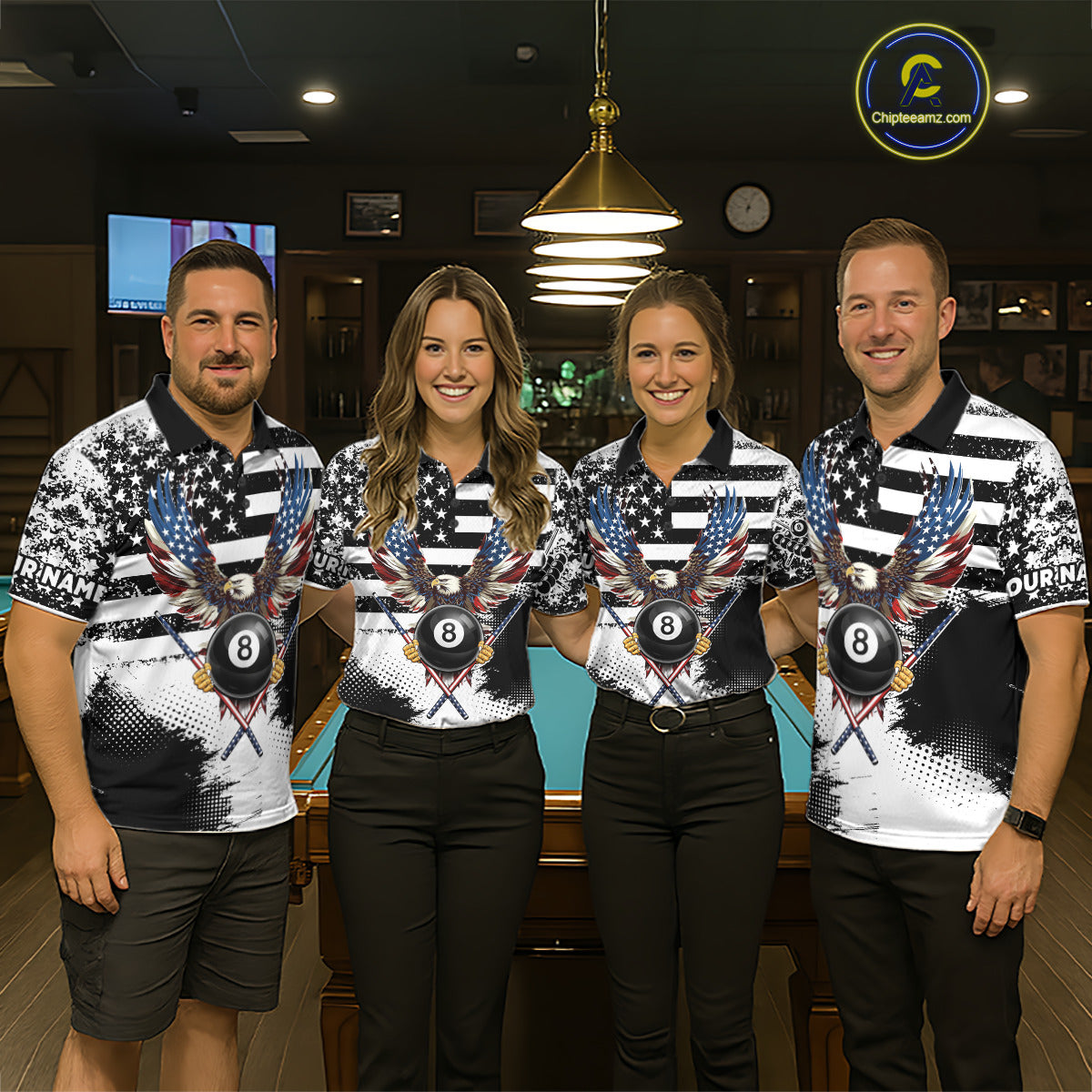 Custom Eagle American Flag 8 Ball Billiard Shirt For Men, Grunge Pool Team Jersey Polo & 1/4 Zip TDM5718