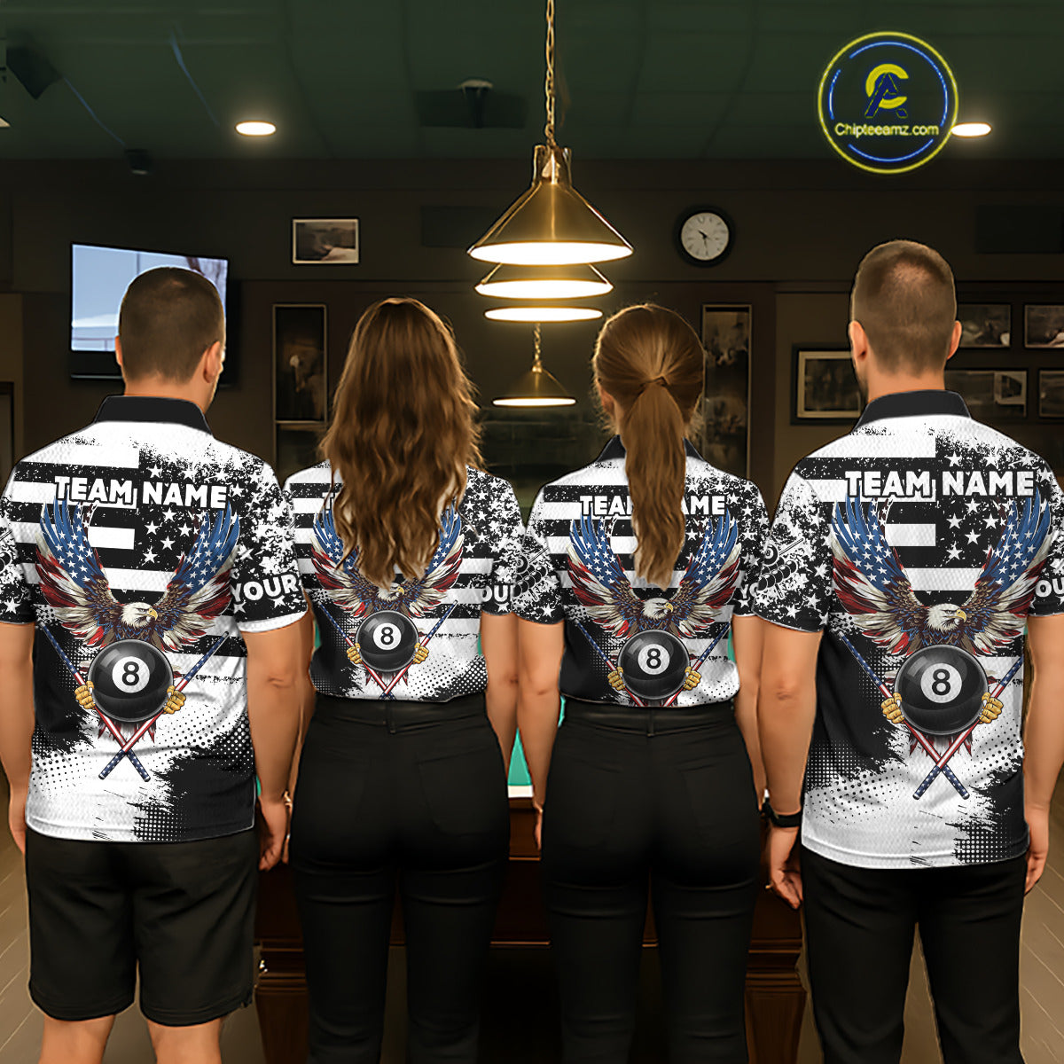 Custom Eagle American Flag 8 Ball Billiard Shirt For Men, Grunge Pool Team Jersey Polo & 1/4 Zip TDM5718