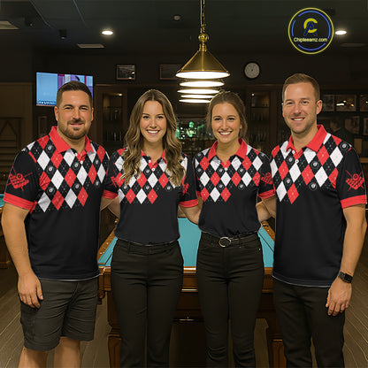Personalized 8 Ball Pool Skull Argyle Pattern Women's Billiard Shirts, Billiard Team Jersey |Red TDM5719