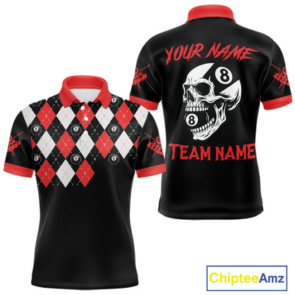 Personalized 8 Ball Pool Skull Argyle Pattern Men's Billiard Shirts, Billiard Team Jersey |Red TDM5719