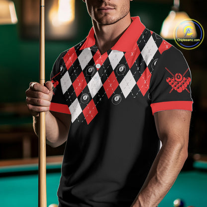 Personalized 8 Ball Pool Skull Argyle Pattern Men's Billiard Shirts, Billiard Team Jersey |Red TDM5719