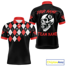 Load image into Gallery viewer, Personalized 8 Ball Pool Skull Argyle Pattern Men's Billiard Shirts, Billiard Team Jersey |Red TDM5719