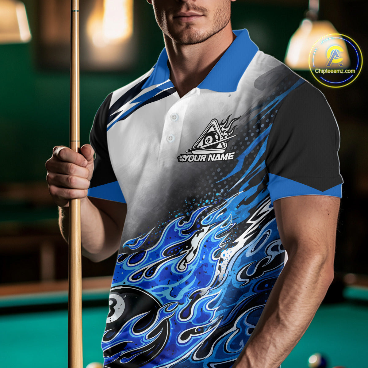 Blue Flaming 8 Ball Billiard Jersey Custom Men's Billiard Polo & Quarter Zip, Pool Team Jersey TDM5725