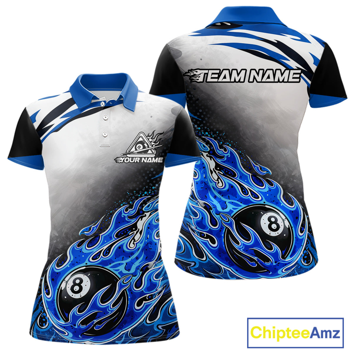 Blue Flaming 8 Ball Billiard Jersey Custom Women's Billiard Polo & Quarter Zip, Pool Team Jersey TDM5725