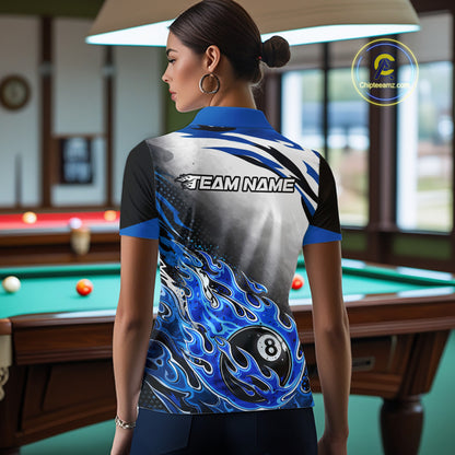 Blue Flaming 8 Ball Billiard Jersey Custom Women's Billiard Polo & Quarter Zip, Pool Team Jersey TDM5725