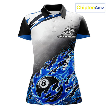 Blue Flaming 8 Ball Billiard Jersey Custom Women's Billiard Polo & Quarter Zip, Pool Team Jersey TDM5725