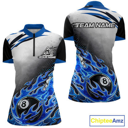 Blue Flaming 8 Ball Billiard Jersey Custom Women's Billiard Polo & Quarter Zip, Pool Team Jersey TDM5725