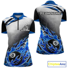 Load image into Gallery viewer, Blue Flaming 8 Ball Billiard Jersey Custom Women's Billiard Polo &amp; Quarter Zip, Pool Team Jersey TDM5725
