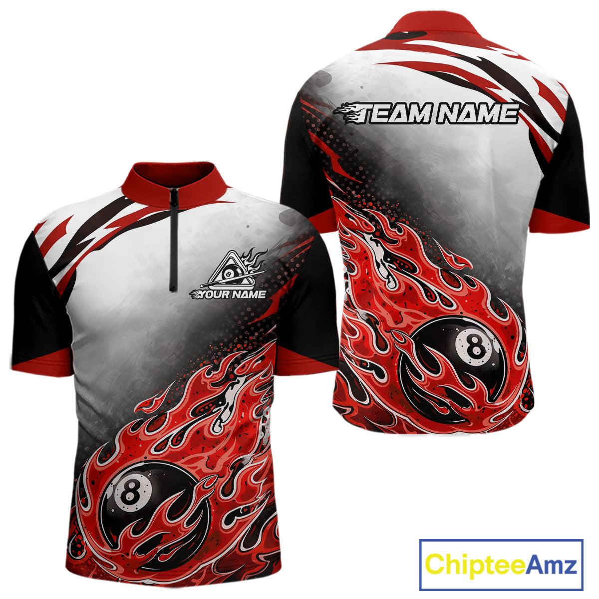 Red Flaming 8 Ball Billiard Jersey Custom Men's Billiard Polo & Quarter Zip, Pool Team Jersey TDM5726