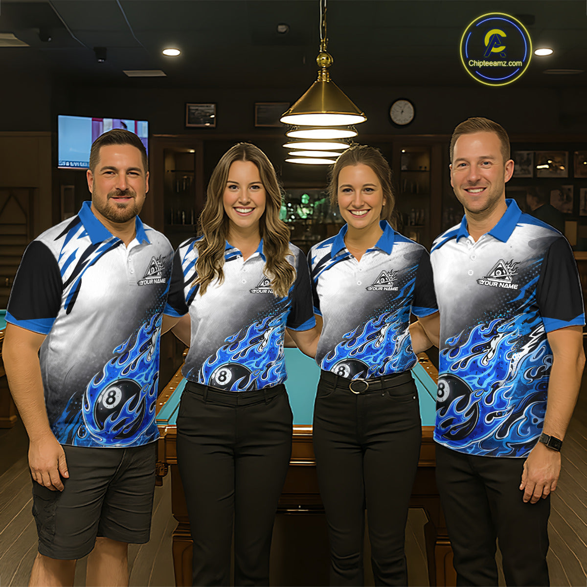 Blue Flaming 8 Ball Billiard Jersey Custom Men's Billiard Polo & Quarter Zip, Pool Team Jersey TDM5725