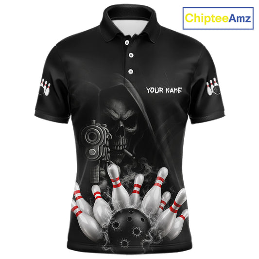 Funny Grim Reaper smoke black bowling team jersey polo shirt for men featuring a dark Grim Reaper with smoky artwork, premium custom bowling league apparel for tournaments and competitive bowling teams.