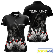 Load image into Gallery viewer, Funny Grim Reaper smoke black bowling team jersey polo shirt for women featuring a dark Grim Reaper with smoky artwork, premium custom bowling league apparel for tournaments and competitive bowling teams.